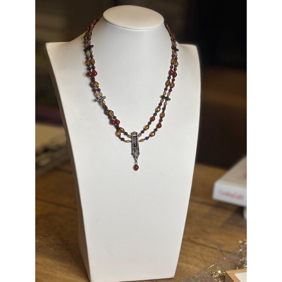Vintage Multi-Strand Necklace With Red & Amber Beads Bronze Pendant & Chain Intr - Picture 9 of 10